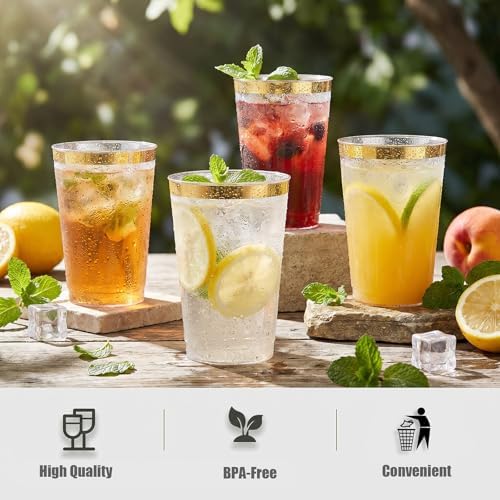 I00000 200 Pack Gold Plastic Cups, 10 OZ Clear Plastic Cups