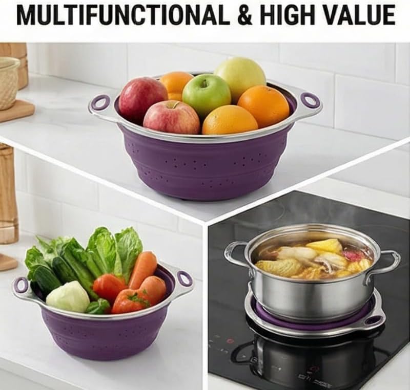 Mejoncb Collapsible Colander – Platinum Silicone Strainer with Stainless Steel Base, BPA-Free & Heat Resistant Kitchen Drain Basket (Purple)