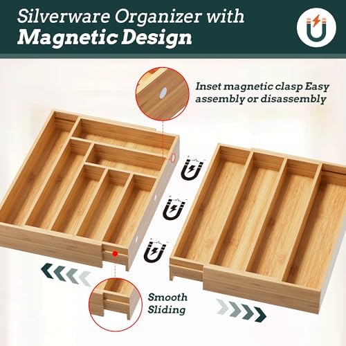 Bamboo Expandable Silverware Drawer Organizer, 11 Slots Utensil Holder