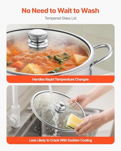 VEVOR Stainless Steel Stock Pot, 16QT Stainless Steel Stockpot with Glass Lid, PFOA-Free, PFAS-Free, Compatible with Gas Stoves, Induction Cooktops, Electric Stoves, for Soups, Stews, and Pasta