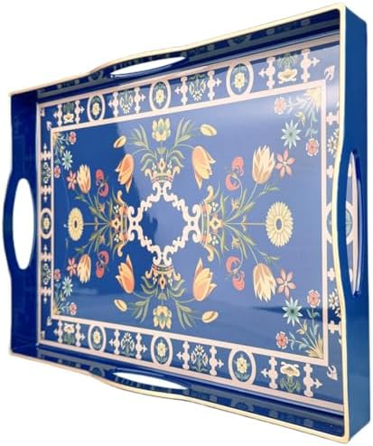 Boho Blue Decorative Tray, Serving Tray with 4 Handles, Plastic Tray for Coffee Table, Ottoman - Ideal for Living Room & Bathroom. 15” x 11” x 1.9”