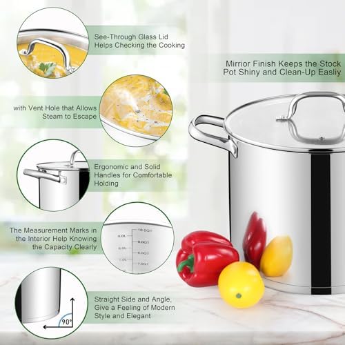 TeamFar 10QT Stock Pot, Stainless Steel Large Soup Cooking Pot & Lid