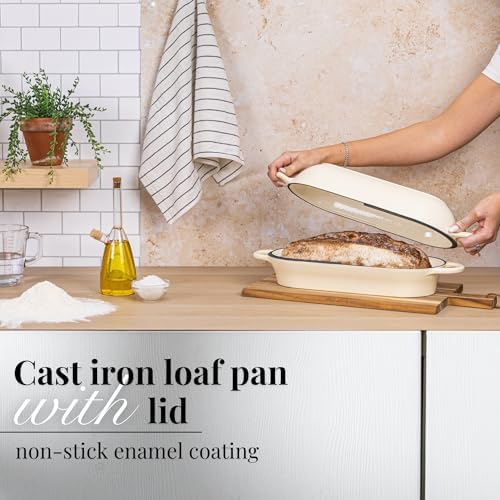Enamelled Cast Iron Bread Loaf Pot – Dutch Oven For Sourdough Bread Baking – Oven Safe Non Stick Bread Pot – Rectangular, Cream, 34cm x 16cm – by Nuovva