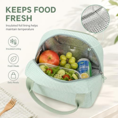 Bluboon Lunch Box for Women Cute Lunch Bag Reusable Insulated Lunch Bags Large Capacity Lunchbox Cooler for Work Picnic or Travel Gifts (Green White checker, 10 x 7.5 x 8 inches)
