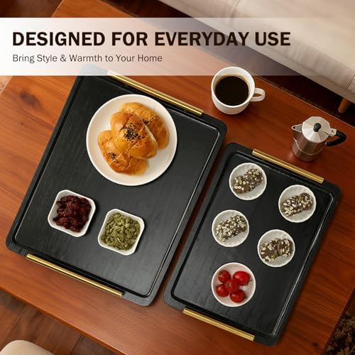 PEKER Wooden Serving Tray with Metal Handles, Black Decorative Coffee Table Tray for Breakfast in Bed, Ottoman & Home Décor, Wooden Food Tray for Kitchen, Living Room & Dining Table