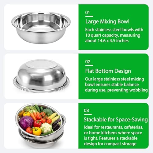 WUWEOT 3 Pack 10 Quart Large Mixing Bowl, Stainless Steel Oversized Salad Bowls, All-Purpose Metal Serving Basin for Home Commercial Prepping Baking Marinating Cooking Brining Mixing
