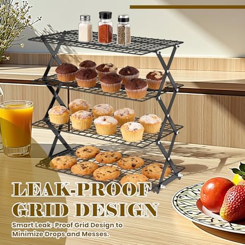 BEWOS 4 Tier Collapsible Cooling Rack - Adjustable Black Stainless Steel Baking Rack with Mesh Leak Proof, Foldable X-Shaped Structure Cooling Racks for Cooking and Baking, Dishwasher Safe