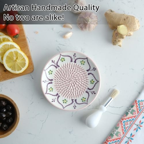 Ceramic Garlic Grater Plate - Handmade 4 Pcs Press - Natural Grinder - Decorative Mincer - Ginger, Cheese Grater - Hand Dish (Vanilla White)