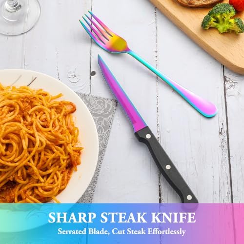 36 Pcs Rainbow Silverware Set with Steak Knives, Stainless Steel Flatware Cutlery Set for 6, Kitchen Tableware Sets, Utensil Sets for Home and Restaurant, Dishwasher Safe