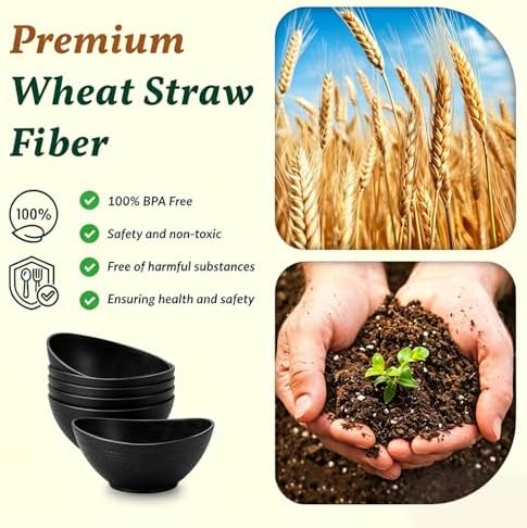 Homienly Wheat Straw Serving Bowls Unbreakable Oval Bowls Set of 6 Soup Bowls Microwave Safe Cereal Bowls for Kitchen, Camping, Party Dishwasher Safe Plastic Bowls for Dinner, Soup (26 OZ Black)