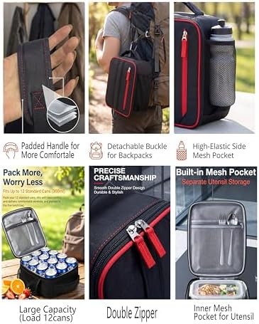 Lunch Box Insulated Lunch bag for Men Teen Kids Boys Adult Portable Stylish Small Lunchbox Special Design for Working Office school Picnic (Black Red 6L(Without Shoulder Straps))