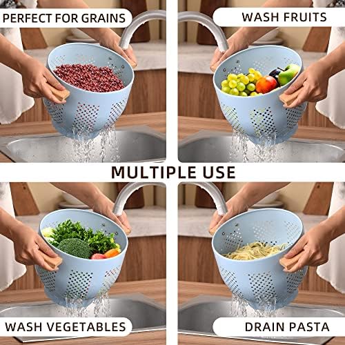 Metal Colander with Wood Handle and Stable Base, Powder Coated Steel Kitchen Strainer Basket for Draining Pasta, Vegetable and fruit(5.5quart,Blue)