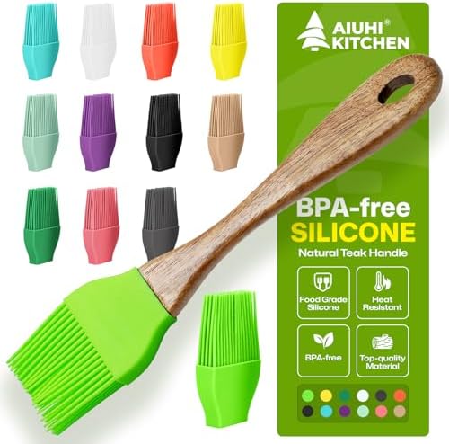 AIUHI Basting Brush for Cooking, Silicone Oil Brush with Wooden Handle, Heat Resistant Pastry Brushes with 12 Color Silicone Brush Head