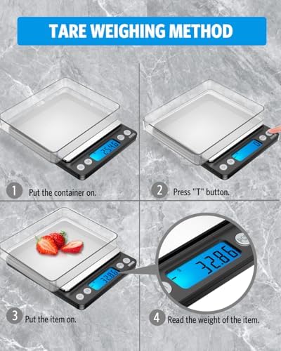 AMIR Digital Kitchen Scale, 500g/0.01g Mini Pocket Jewelry Scale, Cooking Food Scale with Backlit LCD Display, 2 Trays, 6 Units, Auto Off, Tare, PCS Function, Stainless Steel, Battery Included, Black