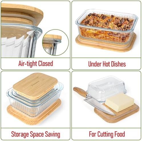 Ribbed Glass 4 Stackable Meal Prep Containers with Bamboo Lids