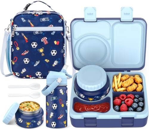 Kids Bento Box with Food Jar, Water Bottle, Lunch Bag, Soccer