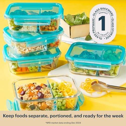 Pyrex Glass Meal Box (5-Pack, 4 Cup) Divided Compartments, Locking Lids