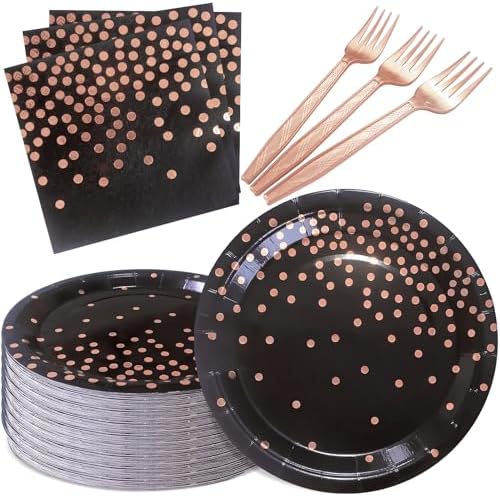 Serve 35 Guests Black and Rose Gold Paper Plates and Napkins Party Supplies