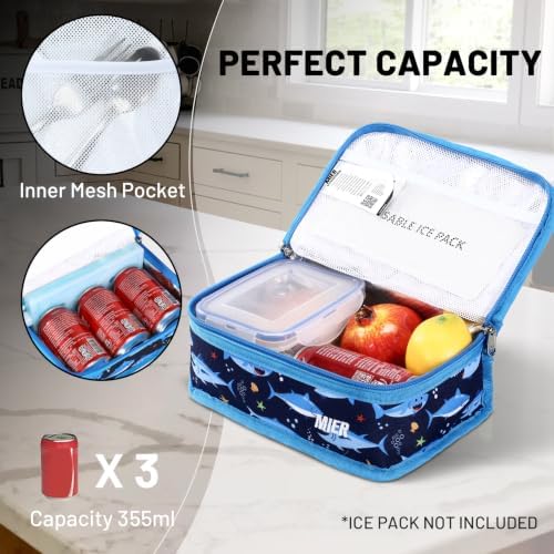 MIER Small Lunch Bag for Kids Compact Insulated Lunch Box, Blue Shark