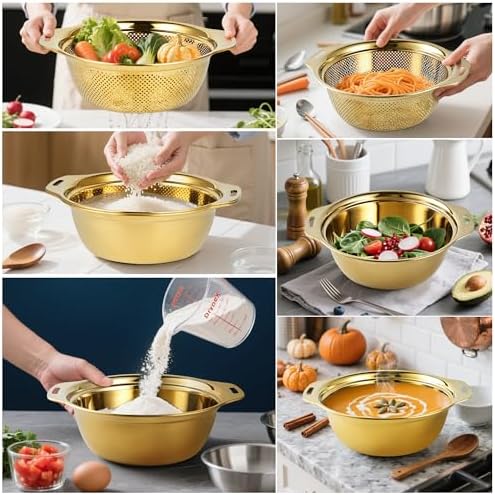 Gulex Colander Stainless Steel 4-quart with Bowls, Strainer Kitchen, Gold