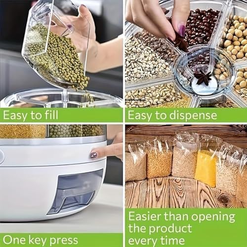 Rotating Grain Storage Bin 6 Grids Rice Container One-Click Output Large Capacity Food Dispenser For Rice Grains Sealed Moisture Proof Organizer (Grey) (Large)