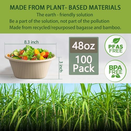 Homestockplus 48 Oz Natural Disposable Paper Bowls [100 Pack] - Heavy Duty, Eco-Friendly Compostable Salad Bowls for Organic Food, Farm to Table, Salad, BPA-Free, Microwave Safe (Unbleached)