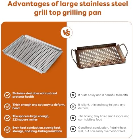 Grill pan, Grill topper for outdoor grill with hole, 17.7 * 12.6 Cooking Surface, Stainless steel grill pan for Gas Grill,camping or party (larger)