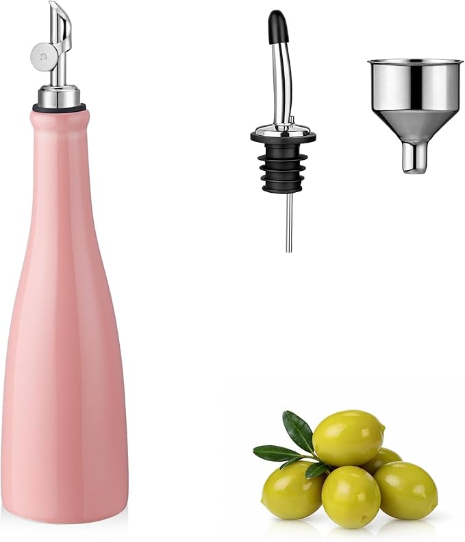 YOLIFE Olive Oil Dispenser Bottle, 16oz Ceramic Oil Dispenser for Kitchen, Oil Bottle with Gravity Spout, Leak Proof EVOO Dispensing Bottle with 2 Spouts and 1 Funnel for Vinegar, Juice(Pink)