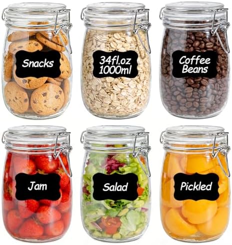 Glass Jars with Airtight Lids 34 oz 6 Pack Food Storage Pantry Round