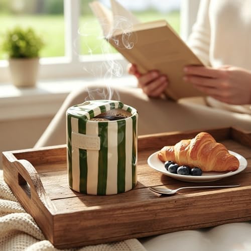 10oz Ceramic Coffee Mug with Sip Hole, Striped Espresso Cups for Hot & Cold Drinks and Microwave & Dishwasher & Freezer Safe, Ideal for Home Desk Kitchen Office Dorm Cafe Travel Daily - Green