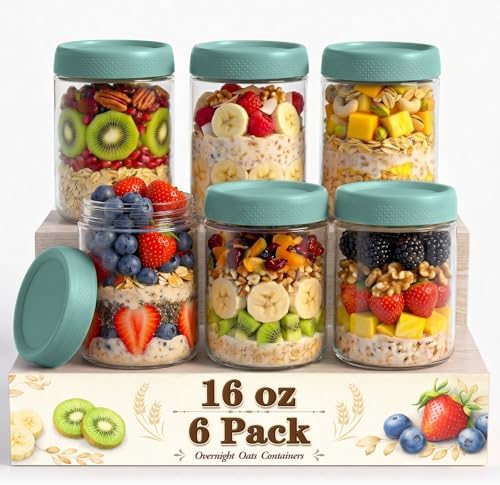 Glass Jar with Lid, Mason Jars 16 oz with Lids, Green Overnight Oats Jars