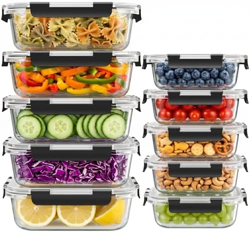 10 Sets 36 oz & 12 oz Glass Food Storage Containers with lids, Black