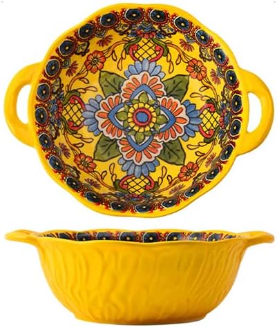 2 Pack Boho Ceramic Serving Bowls with Handles, 40 Oz Porcelain Salad Bowls, Large Serving Dishes for Entertaining, Mixing Bowls for Soup, Stew, Pasta, Cereal, Colorful Embossed Cute Bowls Set HH