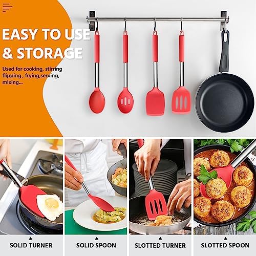 Cooking Utensils Set of 4, E-far Silicone Kitchen Utensils for Non-stick Cookware, Heat Resistant & Non-toxic Slotted Spatula Solid Spoon Turner for Flipping Mixing Serving Basting(Red)