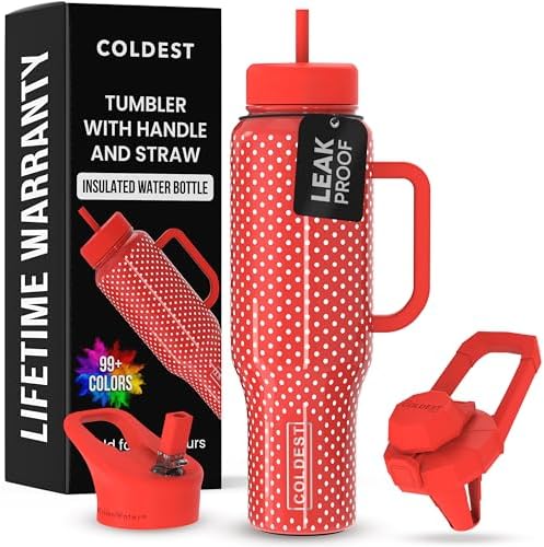 Coldest Tumbler with Handle and Straw - 100% Leak Proof Insulated Tumbler with Lid and Straw (3 Lids) - Stainless Steel Tumblers for Women & Men - Cup Holder Friendly Base, 46 oz (Red Dress)