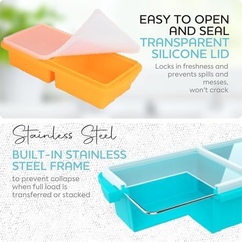 XOMOO Silicone Freezer Tray With Lid-Soup Freezer Container molds-2-cup Extra Large Ice Cube Tray-makes 4 perfect 500ml portions cubes, For freezing soup,stews,sauces.Oven&Dishwasher-Safe(2-Pack)