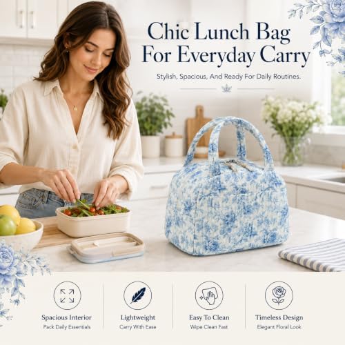 Bluboon Lunch Bag for Women Cute Corduroy Lunch Tote Bags with Shoulder Strap Reusable Insulated Lunch Box Large Capacity Reusable Insulated Cooler for Work Picnic or Travel