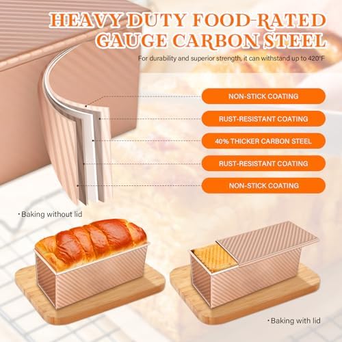 3-Pack Bread Pan with Lids, 2.2LB & 1LB & 1LB Dough Capacity, Non-Stick Carbon Steel Pullman Loaf Pan for Baking, Professional Toast Box Mold with Baking Tools - Gold