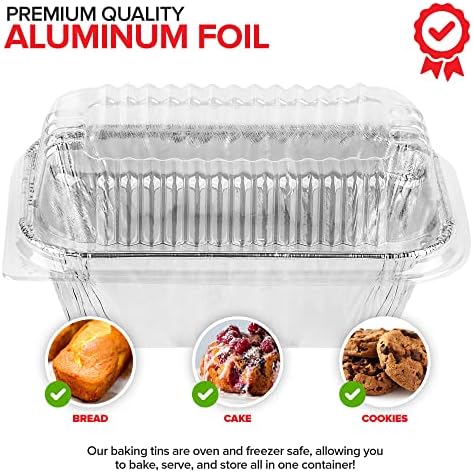 Stock Your Home Disposable Aluminum Mini Loaf Pans with Lids, 1 lb (50 Pack) New & Improved Plastic Dome Lid Foil Baking Tins, Tin Pans for Cake, Bread, Holiday Baked Goods Packaging