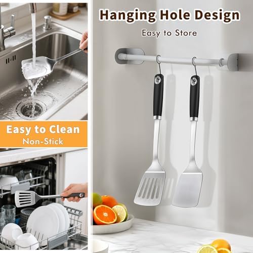 Stainless Steel Spatula, Metal Spatula Solid Turner, Heavy Duty Sturdy Spatulas for Kitchen Use, High Heat Resistant Cooking Utensils for Fish Eggs Pancakes, Dishwasher Safe, Easy to Clean, Silver