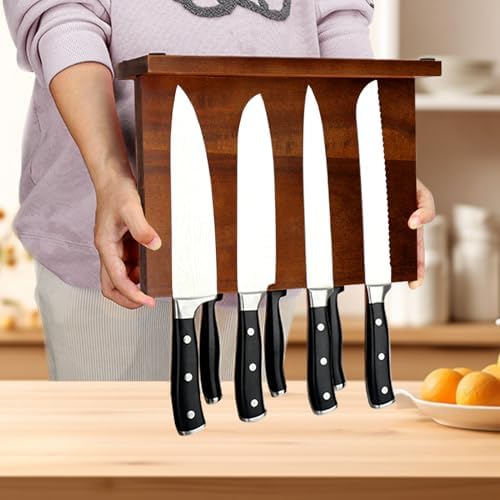 Magnetic Knife Block Double Sided Magnetic Knife Holder Rack with Strong Enhanced Magnets Acacia Wood Magnetic Knife Storage Stand-Dark Brown
