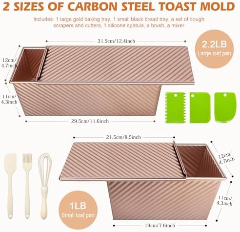 2Pack Loaf Pans with Lids – 2.2 LB & 1 LB Dough Capacity, Non-Stick Carbon Steel Bread Pans for Homemade Sandwich and Sourdough Bread, Corrugated Toast Mold