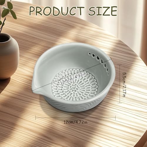 Grater Plate, 3 in 1 Handmade Tool Ceramic Bowl with Herb Stripper (Gray)