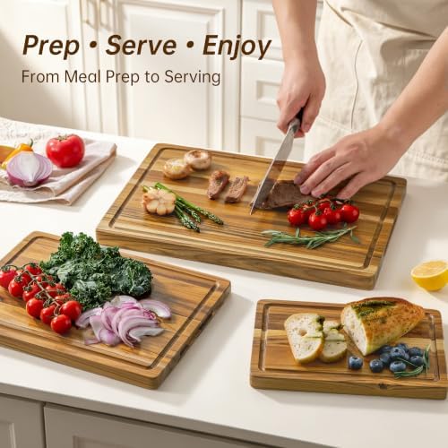 THETCHRY Teak Wood Cutting Board Set of 3 Wooden Cutting Boards for Kitchen
