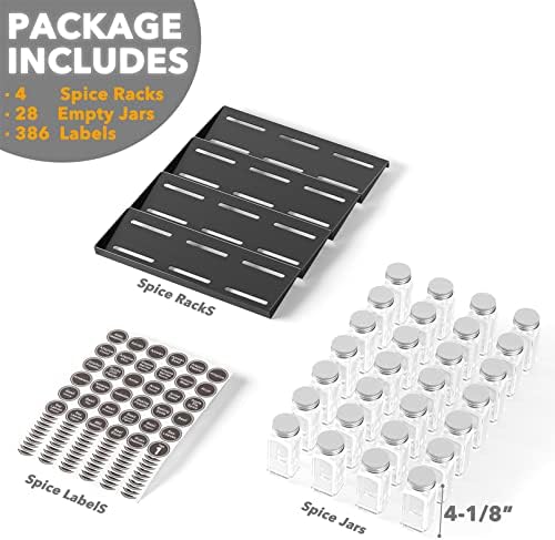 SpaceAid Spice Drawer Organizer with 28 Spice Jars, 386 Spice Labels, 4 Tier Seasoning Rack Tray Insert for Kitchen Drawers, 13" Wide x 17.5" Deep (Pack of 2)
