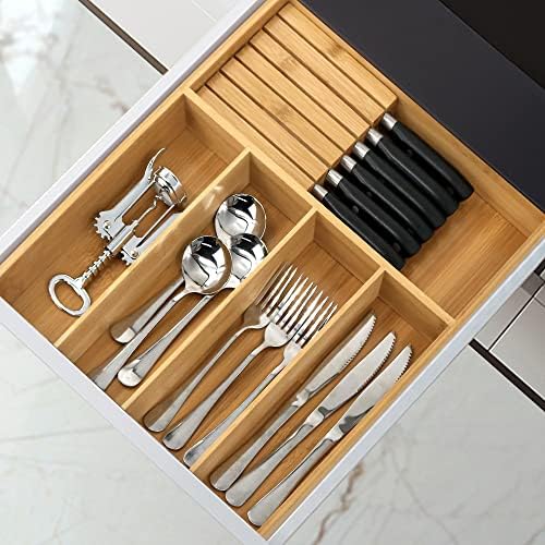 VaeFae Bamboo Silverware Drawer Organizer, 5 Slots, Natural