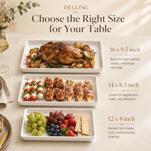 Delling Large Serving Platter, 16/14/12 Inch Rectangular Serving Trays for Serving Food, Serving Tray for Party - Set of 3, White