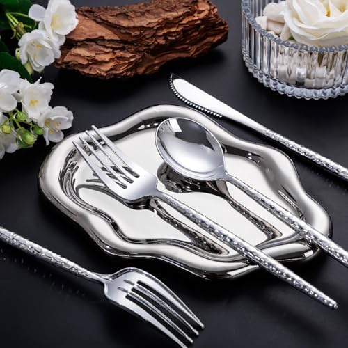 SUT 300PCS Silver Plastic Silverware, Disposable Utensils, plastic cutlery Set Includes 100 Knives, Forks and Spoons, Disposable Silverware for Party, Hammered Silverware Set
