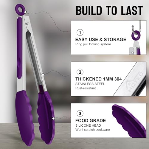 HOTEC Premium Stainless Steel Locking Kitchen Tongs with Silicon Tips, Set of 3-7", 9" and 12" (Purple)