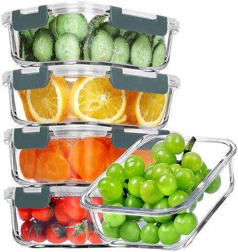 VERONES 5 PACK 36 OZ Glass Meal Prep Containers Set with Lids, Grey